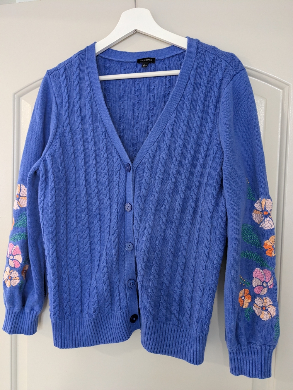 Talbots embroidered cable-knit V-neck cardigan, size L (Misses), 100% cotton
